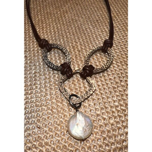 Retired Silpada Hammered Sterling Brown Leather Cord Coin Pearl Necklace N1257